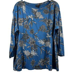 J Jill Wearever Top Size L Floral Blue Black White 3/4 Sleeves Pullover Stretch